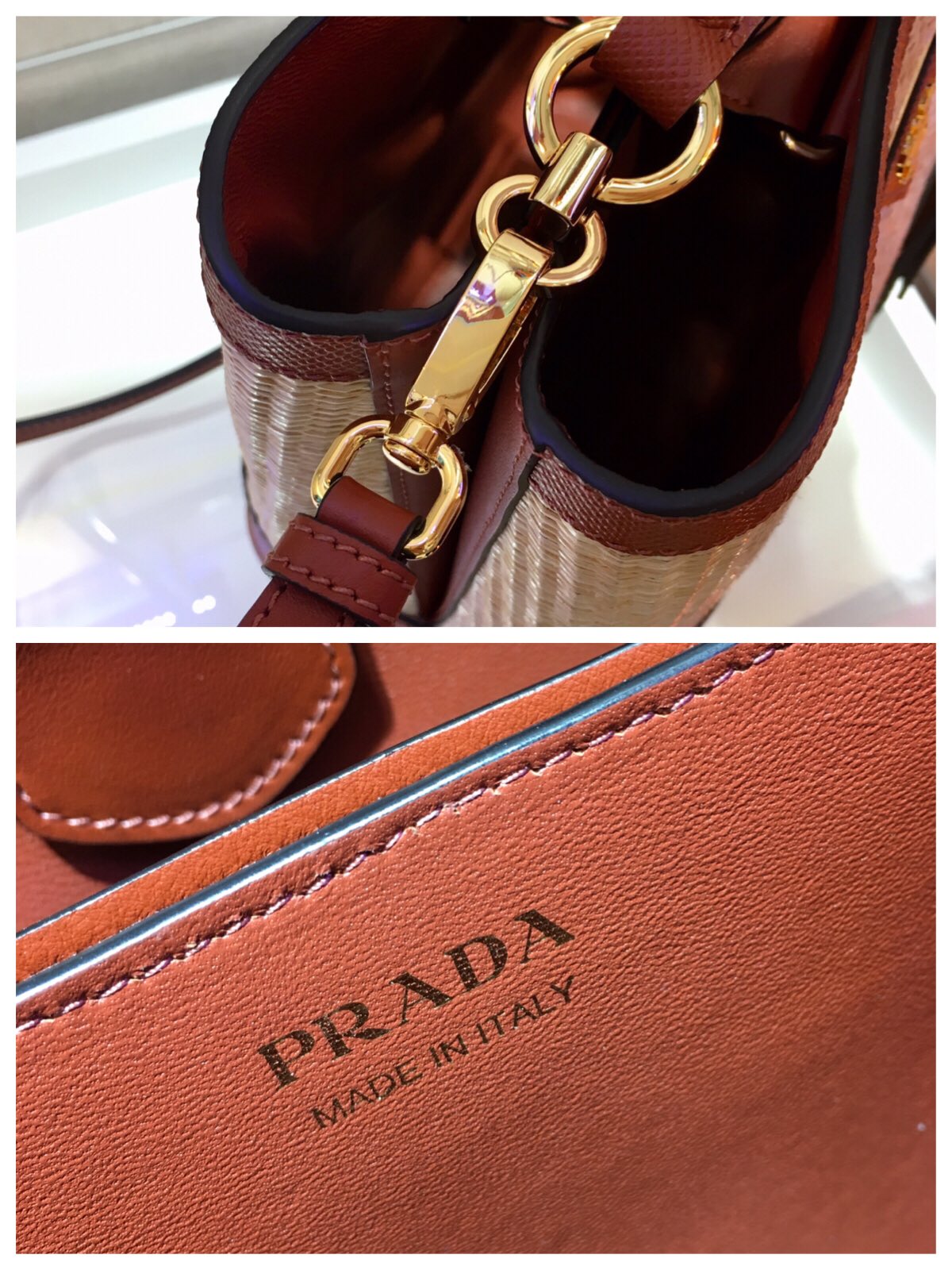 Prada Medium Panier Saffiano Leather And Weaving Materials Bag Tan/Caramel 1BA212